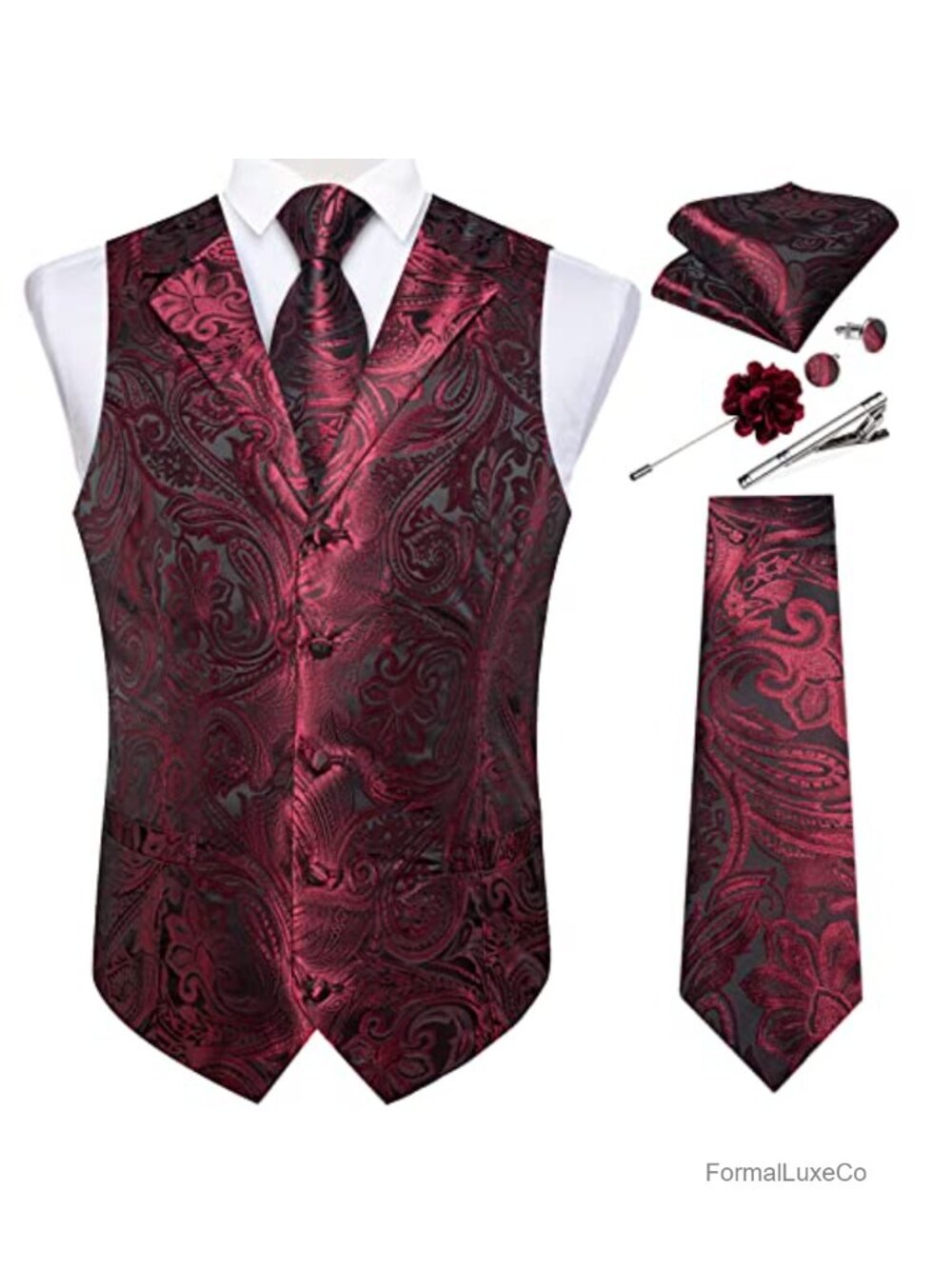 Mens Paisley Suit Vest Set Silk Waistcoat Tie Pocket Square Cufflinks